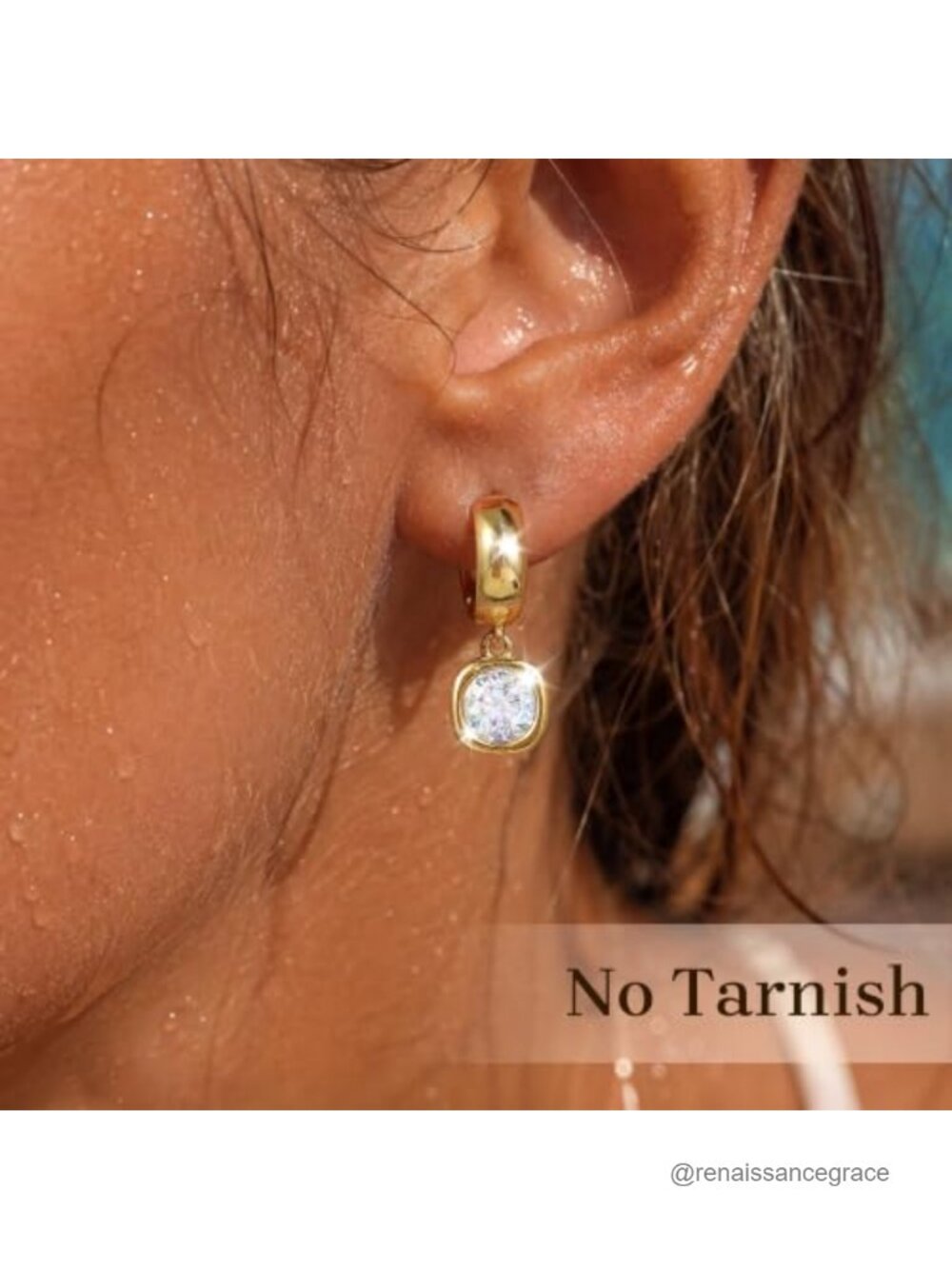 14K Gold Plated Chunky Drop Hoop Earrings with Bezel CZ for Women